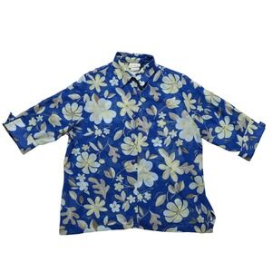 Patchington Womens Blouse L Blue Floral Textured Chiffon 3/4 Sleeve Button Up